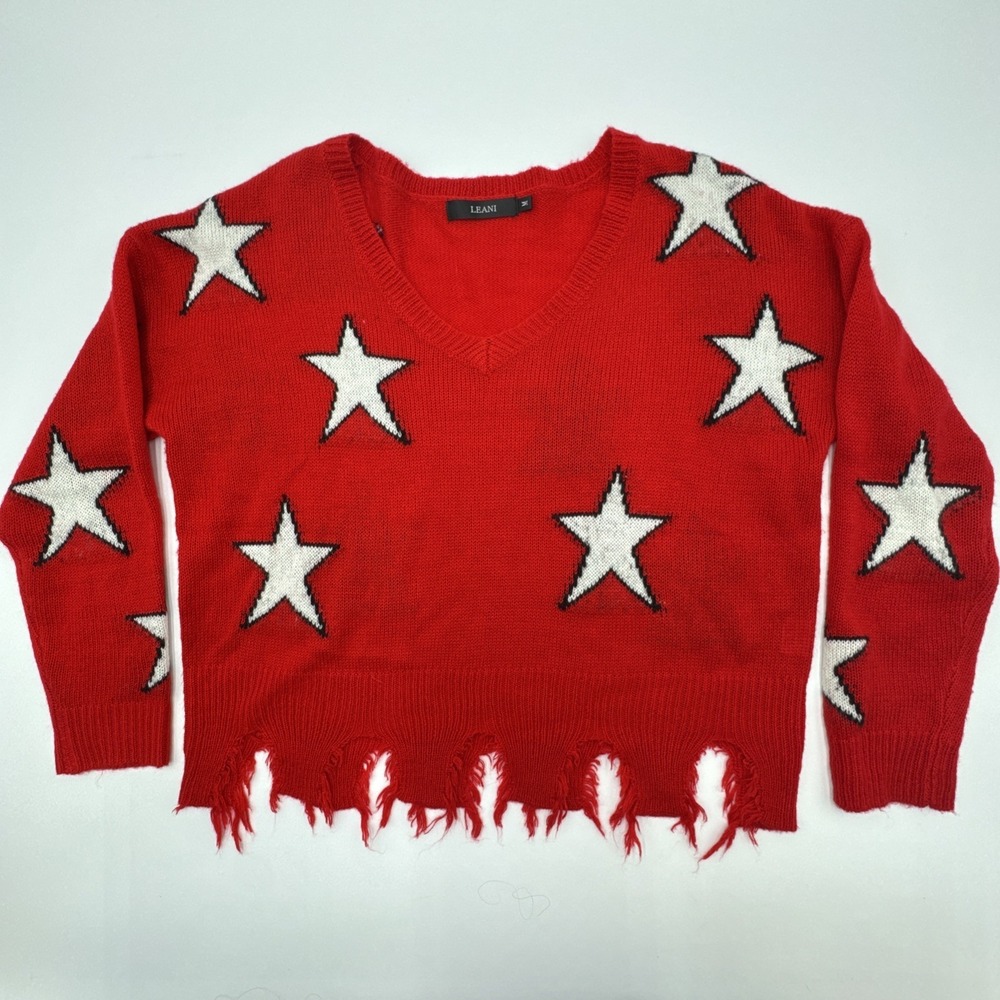 Leani Red Stars Knit Sweater Size Medium Cropped With Fringe Distressed Sweater